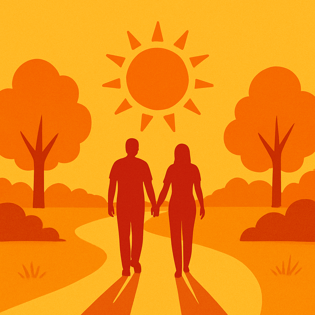 Illustration of a couple walking hand in hand on a path with trees and a sun in the background.