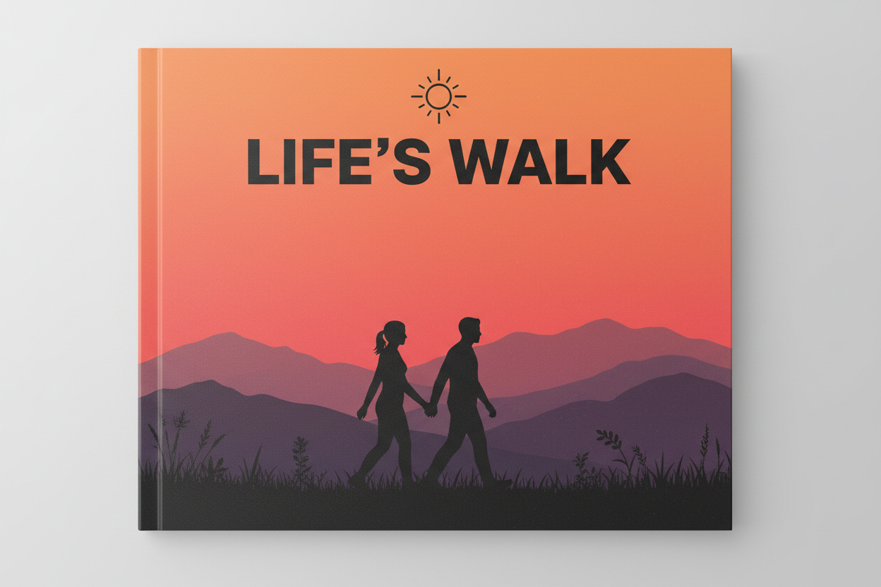 Book cover titled 'Life's Walk' with silhouettes of a man and woman holding hands against a sunset mountain backdrop.