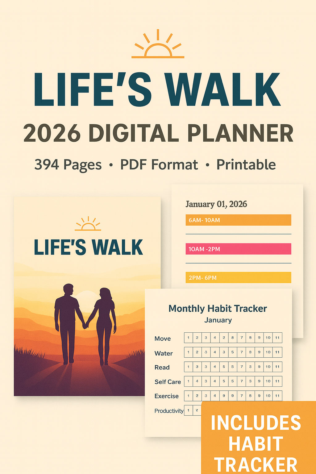 2026 digital planner cover with sunset design and habit tracker