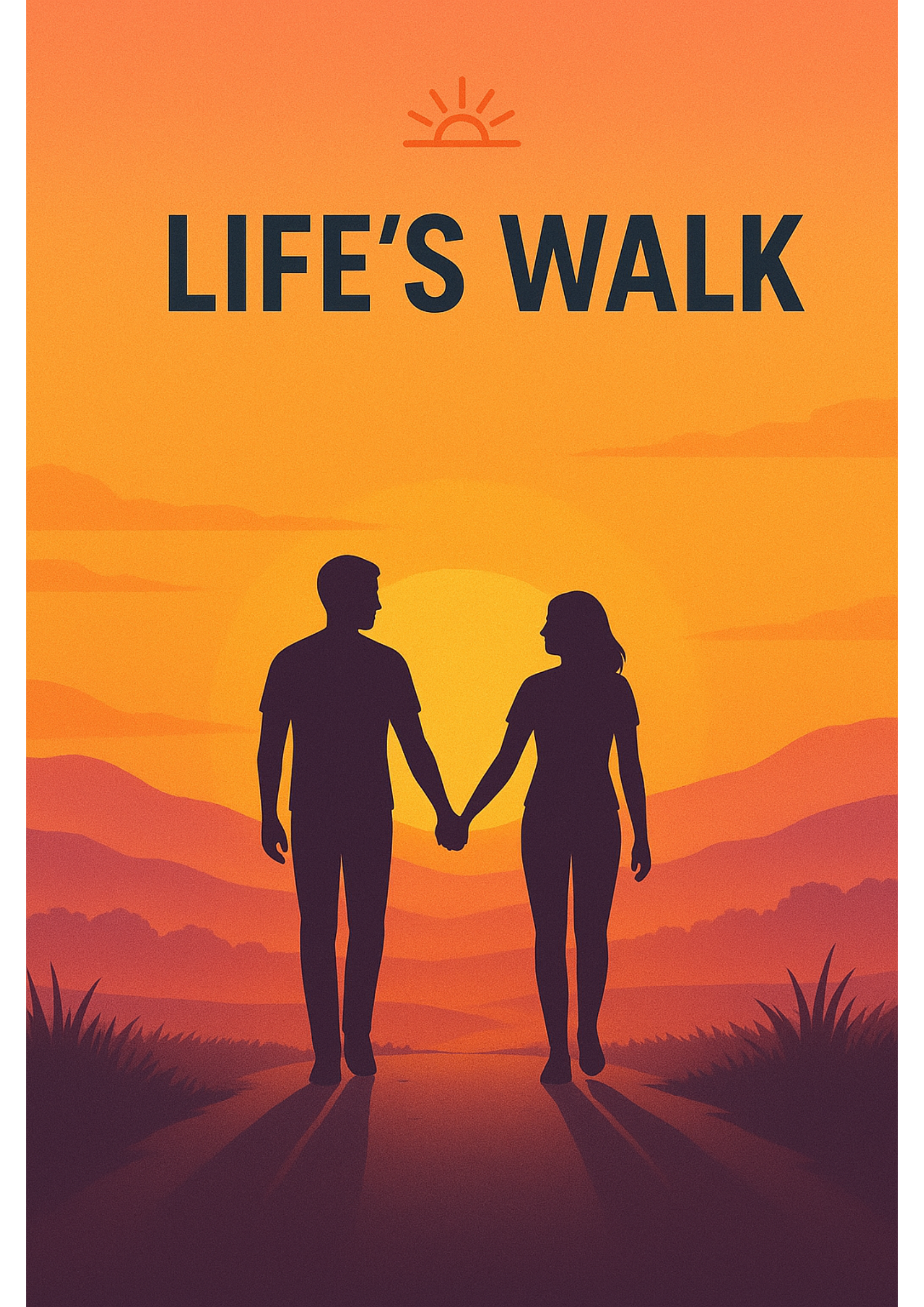 Silhouette of a couple holding hands with 'Life's Walk' text against an orange sunset background